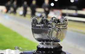 The East Anglian Greyhound Derby trophy on display.