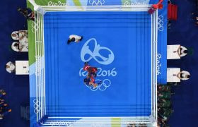 Overhead shot of the Rio Olympic boxing ring.