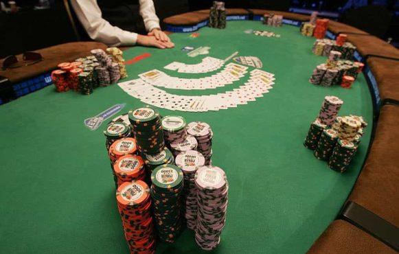 Chips and cards on a World Series of Poker table.