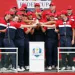 The USA’s Ryder Cup winning team celebrate their victory.