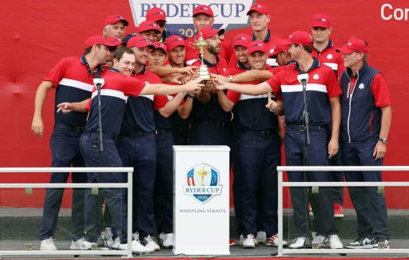 The USA’s Ryder Cup winning team celebrate their victory.
