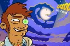 Cartoon man with a bionic eye, the moon and the words "Casoola Reels of Steel".