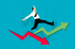 A businessman walking along two arrows pointing in opposite directions to represent growth and losses.
