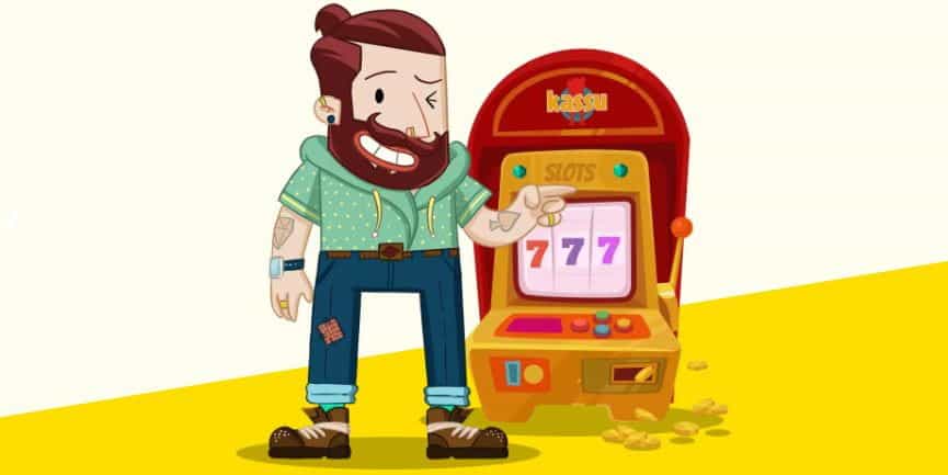 Animated man standing next to a slot machine.
