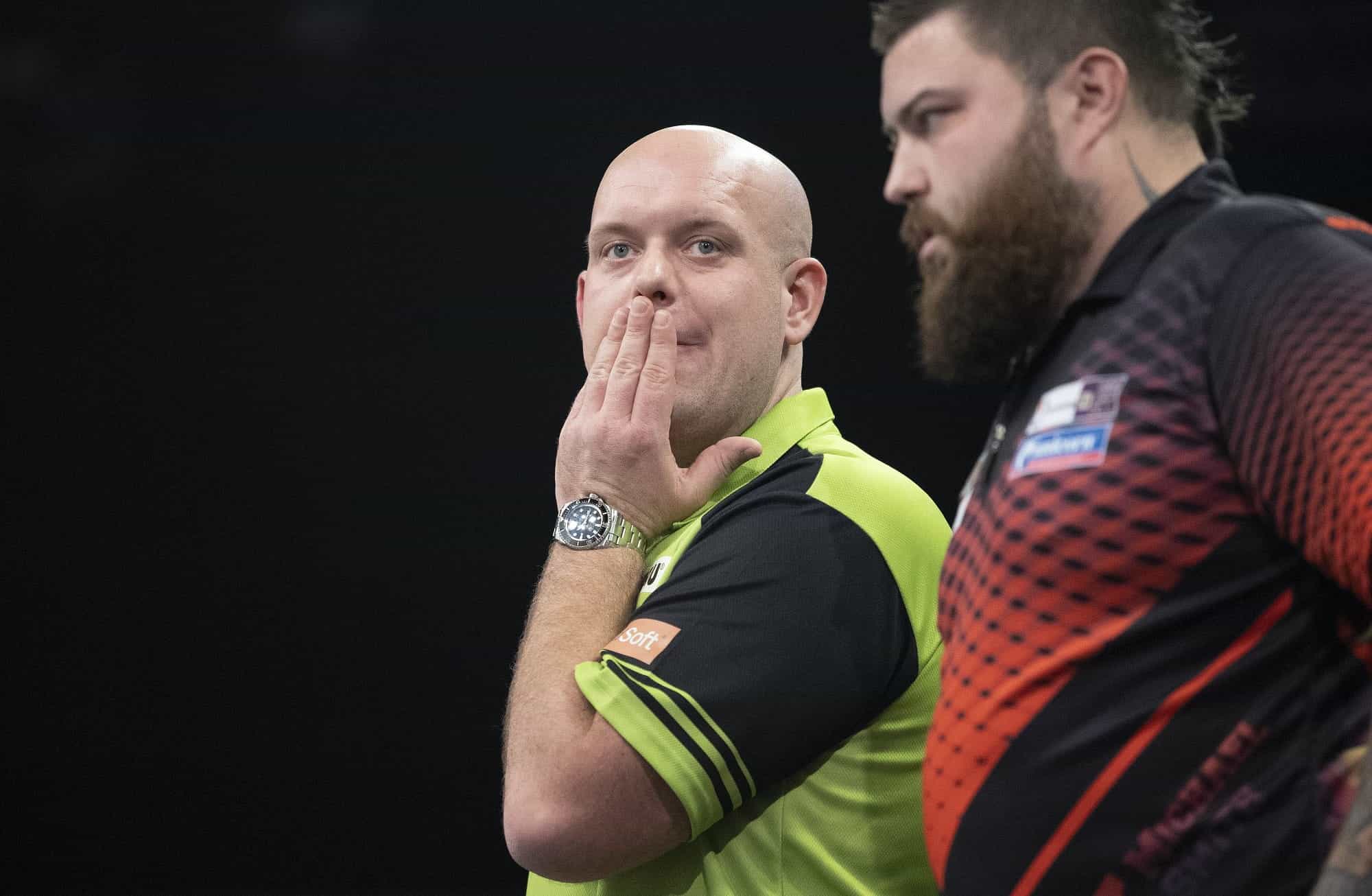 Michael van Gerwen looking unhappy at the oche.