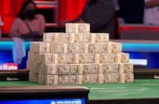 Cash stacked up at the finals table of the World Series of Poker.