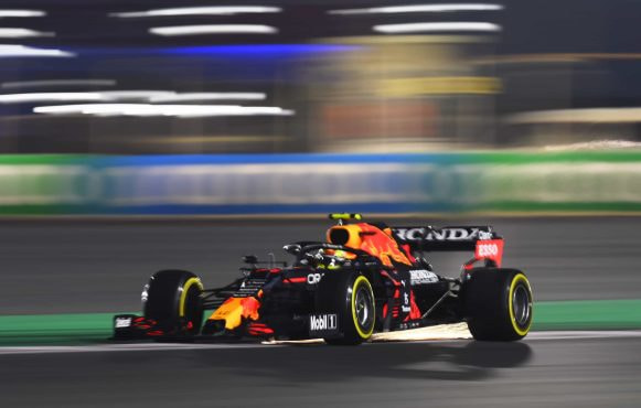A Red Bull F1 car leaving the pits during the Qatar 2021 race weekend.