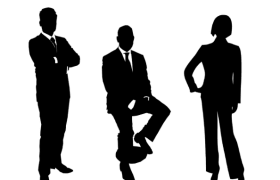 Three silhouetted figures in corporate business attire.