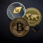 Cryptocurrency coins including Bitcoin, Ethereum and Ripple.