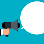 An arm holding a megaphone with a large empty speech bubble coming out of it.