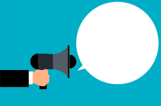 An arm holding a megaphone with a large empty speech bubble coming out of it.