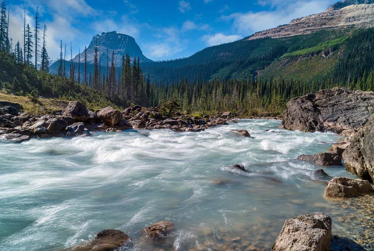 A flowing river nestled in the rural mountains in British Columbia, Canada.