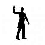 A black silhouette of a figure waving goodbye and walking away.
