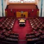 An empty Senate chamber.