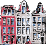 A row of tall Dutch houses in red, white, and blue