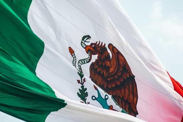 A close up of the Mexican flag waving.