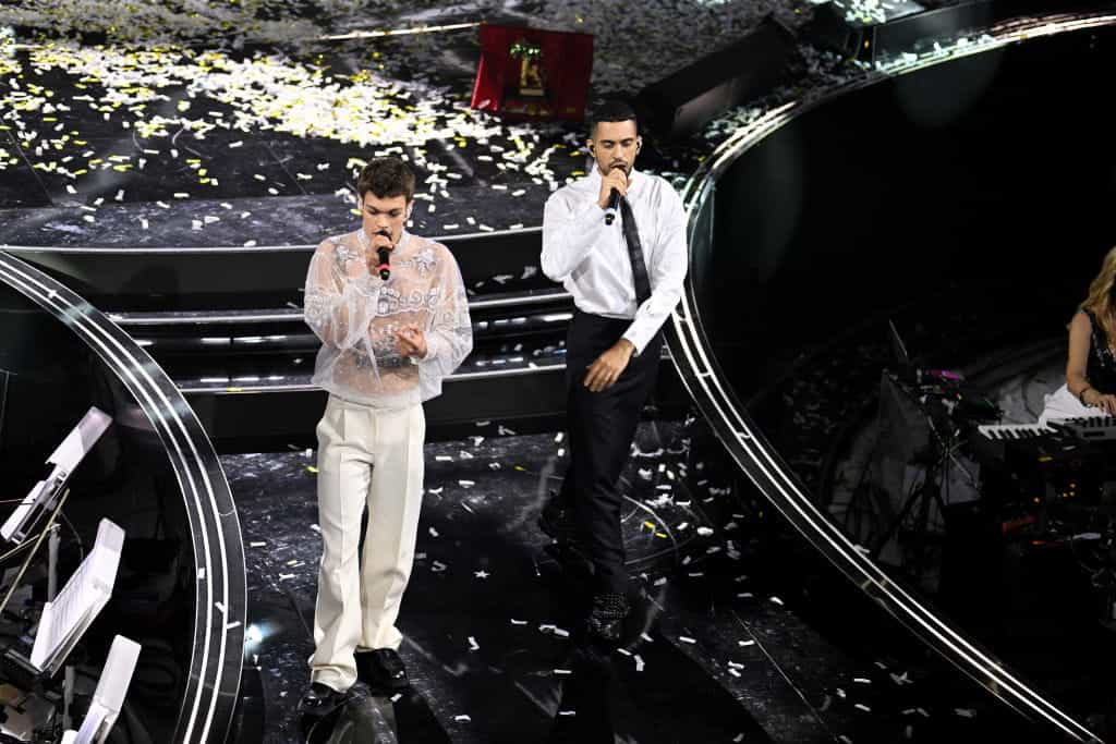 Blanco and Mahmood perform after being awarded the winner’s prize the 72nd Sanremo Music Festival. 