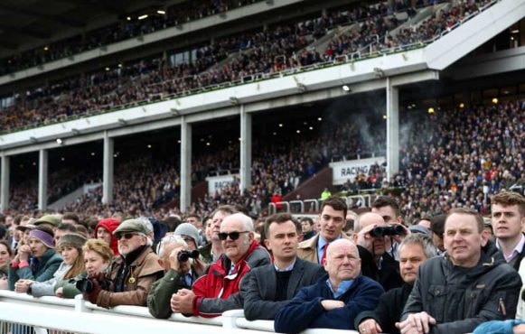 Huge crowds in the Cheltenham grandstands waiting for race action to start.