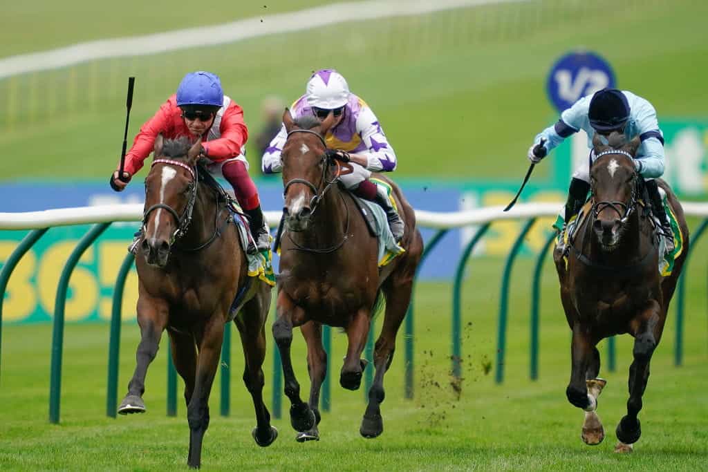 Frankie Dettori riding Inspiral to win the Bet365 Fillies’ Mile at Newmarket.
