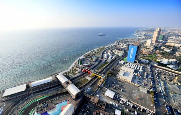 An aerial view of Jeddah Corniche Circuit.