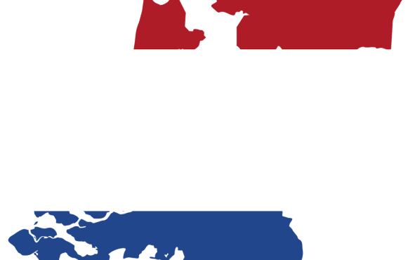 Outline map of Netherlands colored as the flag red, white and blue
