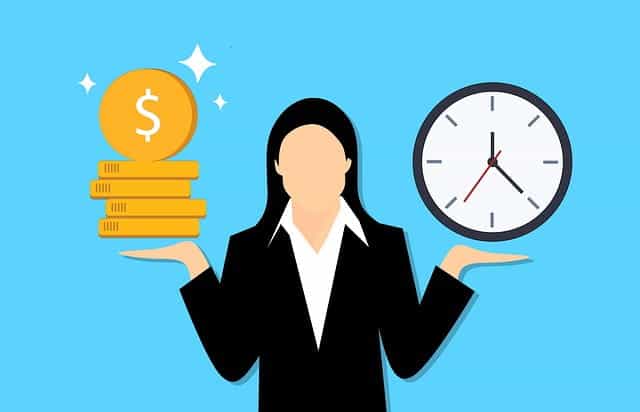 A graphic of a woman in a suit holding a stack of coins in one hand and a clock in the other.