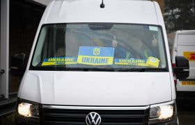 A van full of emergency supplies leaving the UK headed for Ukraine.