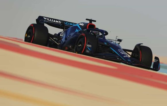 A 2022 Williams Formula 1 car testing in Bahrain.