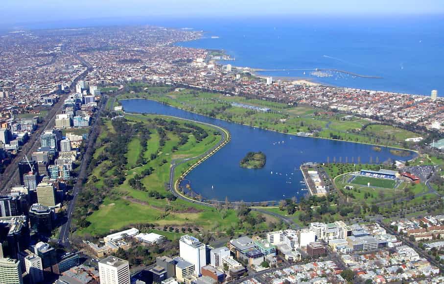 Albert Park, home to the Australian Grand Prix, as seen from above. 