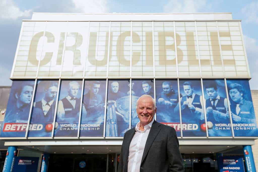 Barry Hearn standing outside of Sheffield’s Crucible Theatre during the 2022 World Snooker Championship.