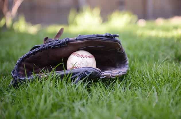 A baseball glove laying on the grass with a ball resting inside of it.