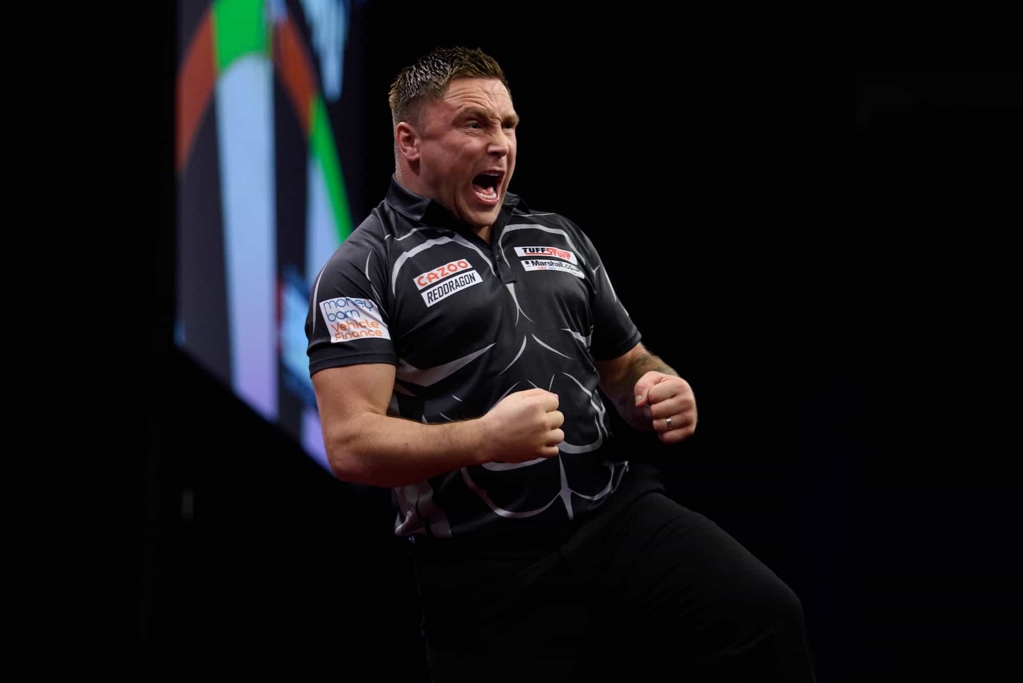 Gerwyn Price celebrates a big check-out at the oche.