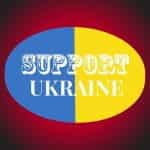 Blue and yellow oval placard on a red background with Support Ukraine in white lettering.