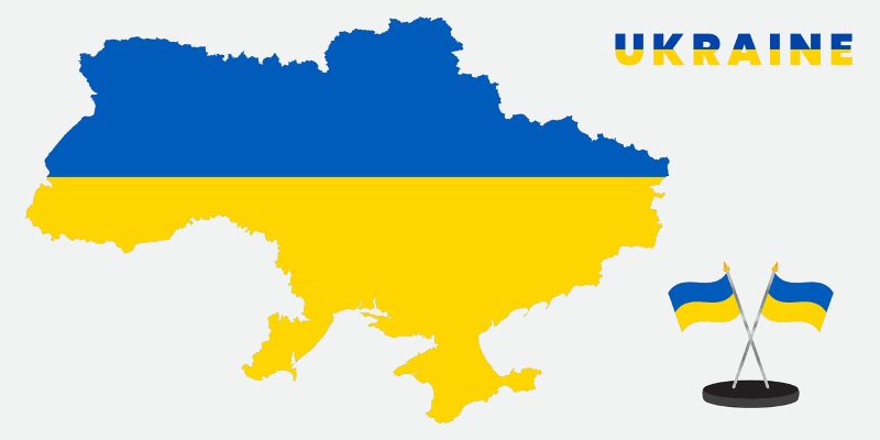On the left a map of Ukraine blue at the top, yellow at the bottom with the word Ukraine and two crossed flags on the right.