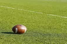 An American football resting on the grass of a football pitch.