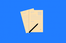 A graphic of two pieces of paper for a written application, with a black pen laying on top of them.
