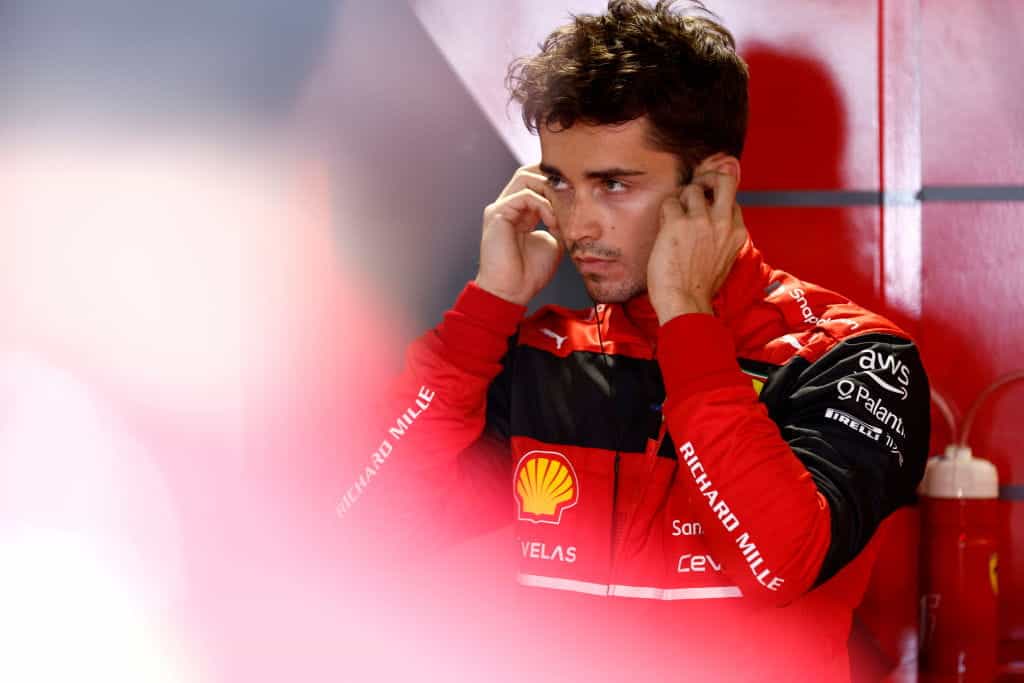 Charles Leclerc in his Ferrari team garage ahead of the Miami Grand Prix.
