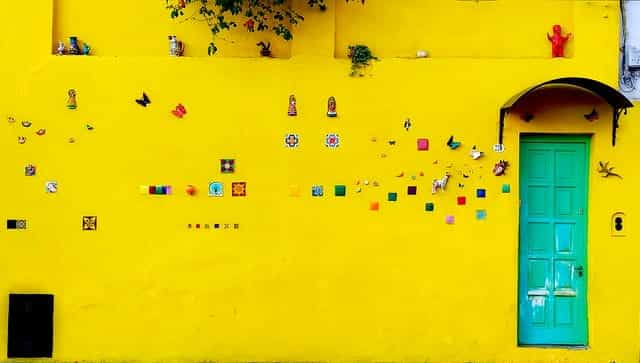 A bright yellow wall is adorned with decorations outside a house in Salta, Argentina.