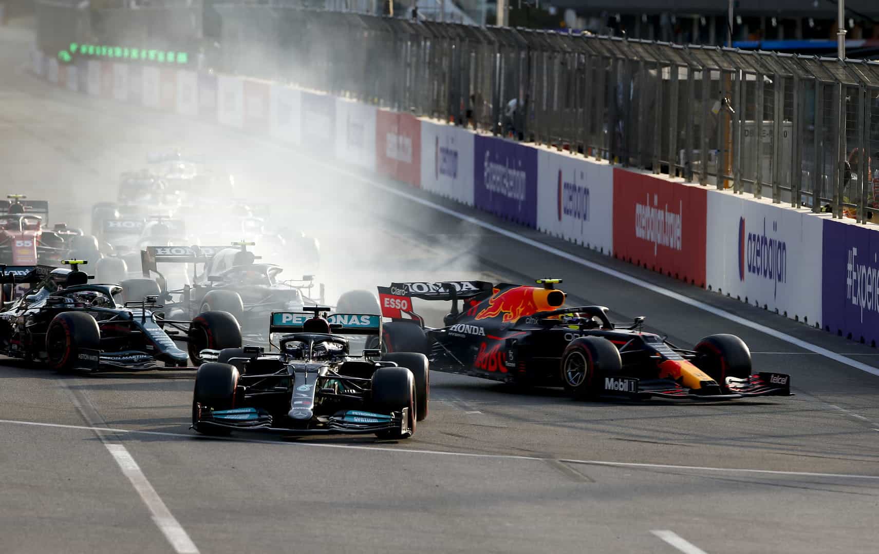 Sergio Perez races into the lead during the final lap of the 2021 Azerbaijan Grand Prix. 
