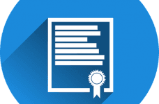 A graphic of a blue paper document with a seal of approval stamped on it in the bottom right corner.