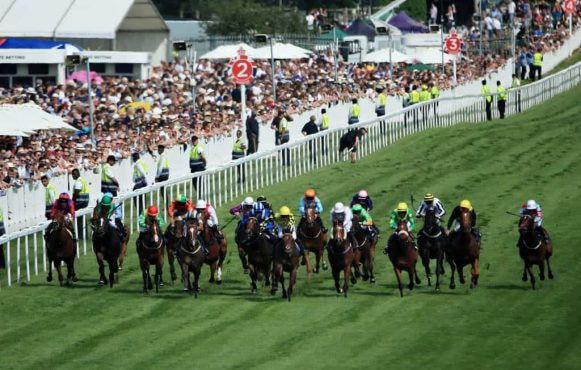 The closing stages of a sprint contest at Epsom on Derby day.