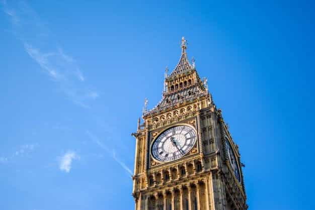 Big Ben clock tower at the Houses of Parliament in London.