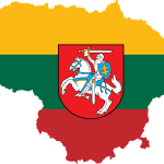 Outline of Lithuania colored as the flag – reg, green and yellow. In the center is an illustration of a knight on a horse.