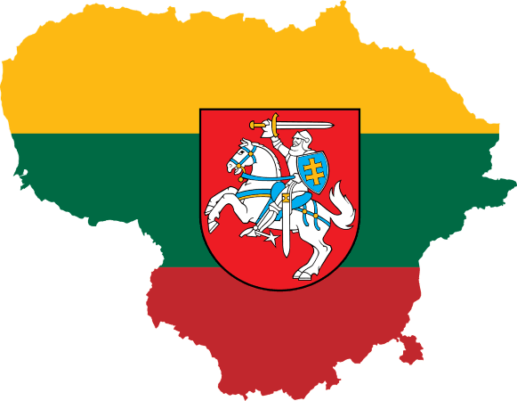 Outline of Lithuania colored as the flag – reg, green and yellow. In the center is an illustration of a knight on a horse.