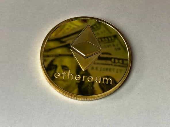 A gold Ethereum crypto coin.