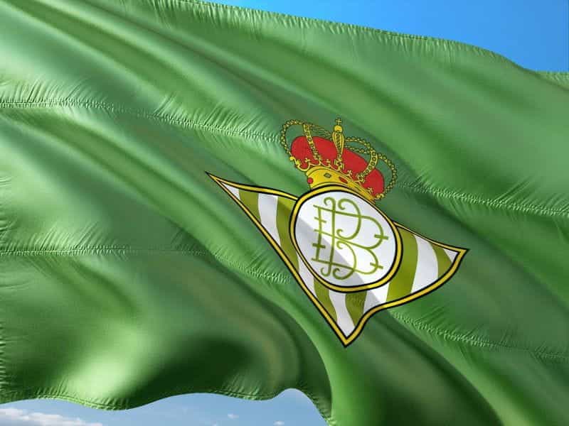 A green flag with the Real Betis logo in the middle of it – which is a crown over an inverted triangle.