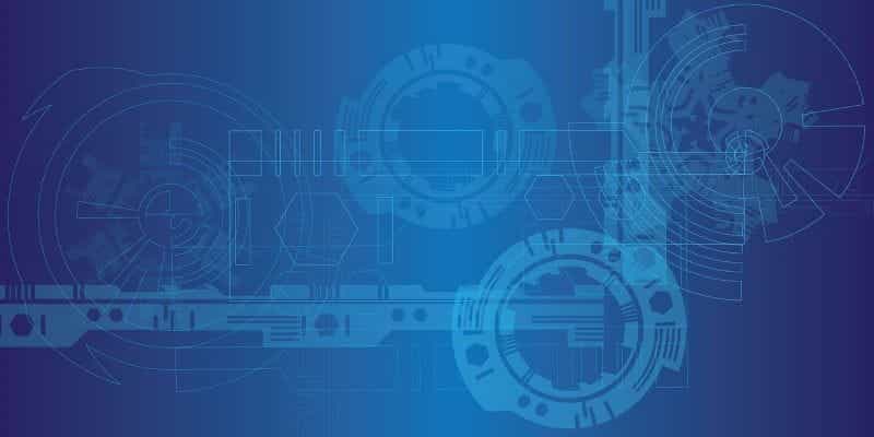 A graphic design of various geometric shapes resembling the gears of a technological device.
