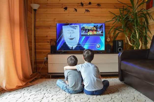 Two children sitting side by side while watching a cartoon on the television in a wooden living room.