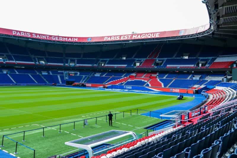 An empty Parc des Princes Stadium in Paris.