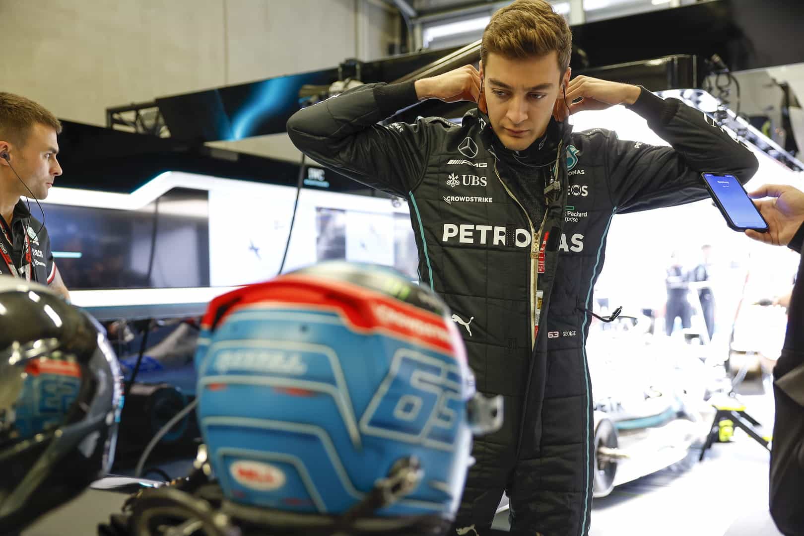 George Russell in the Mercedes garage.